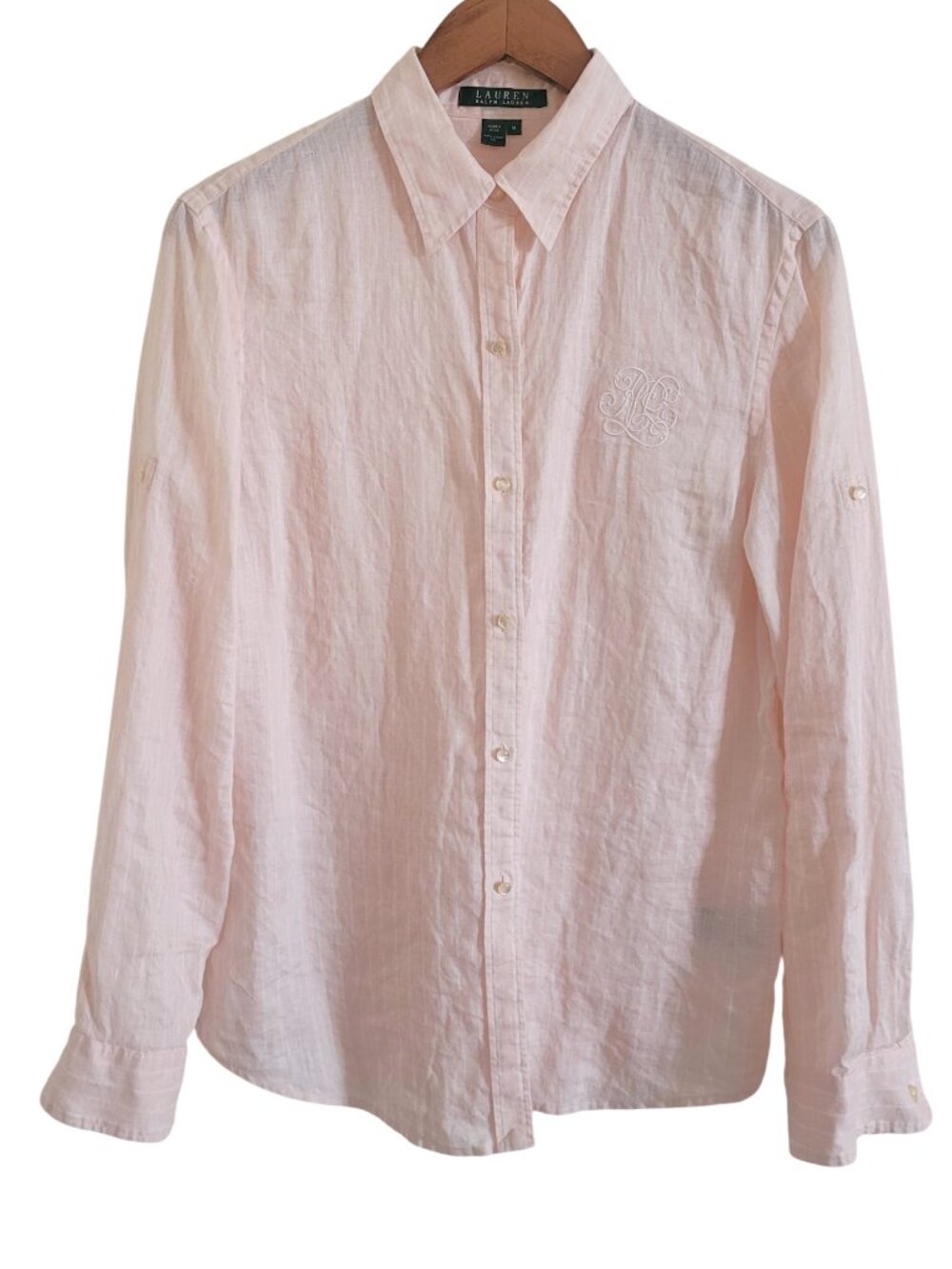 Lauren Ralph Lauren Light Pink Striped Linen Button-Down Shirt size medium